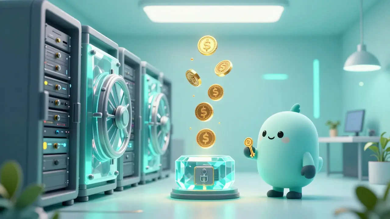 Cute validators locking crypto coins in a clean, eco-friendly proof-of-stake system.