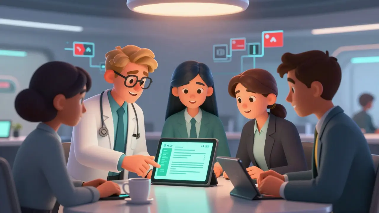Diverse animated compliance team collaborating happily in a modern office setting.