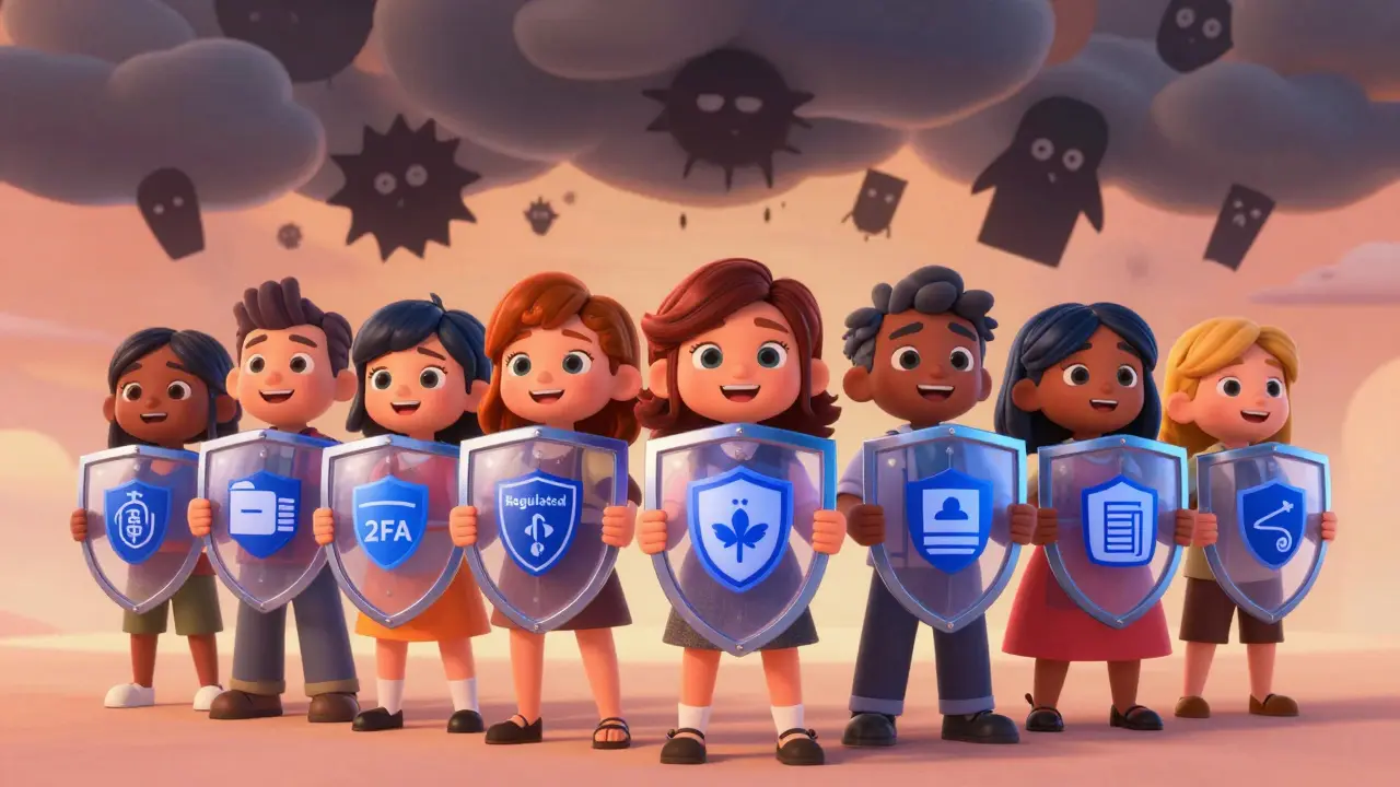 Friendly characters hold security shields against a backdrop of dissolving scams.