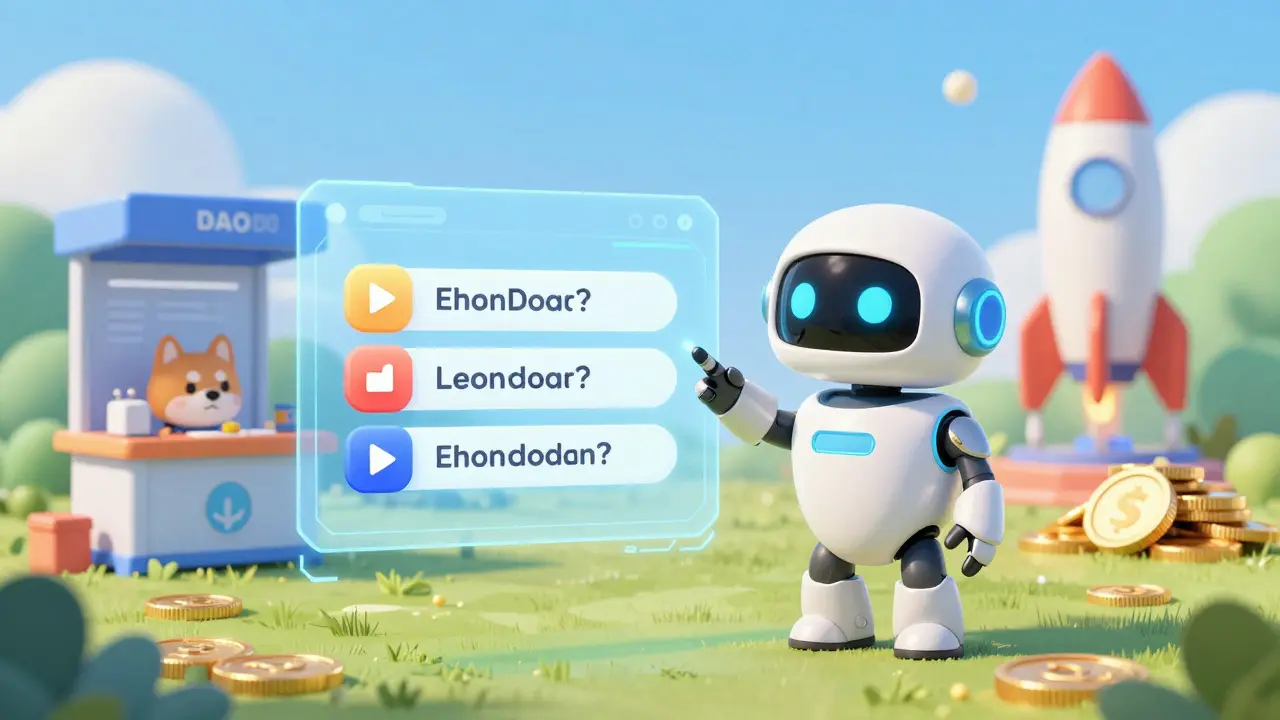 Friendly robot guiding users through educational tasks in a bright, colorful ecosystem