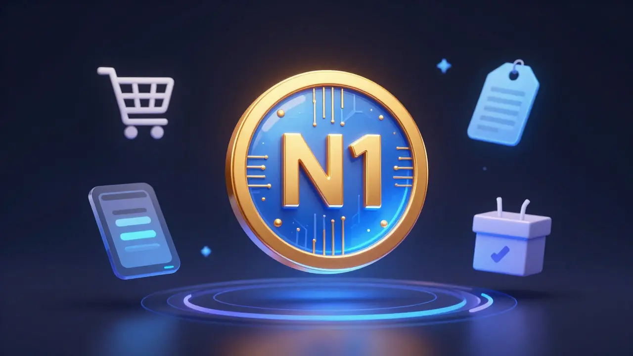 Glowing N1 token surrounded by utility icons in a futuristic interface.