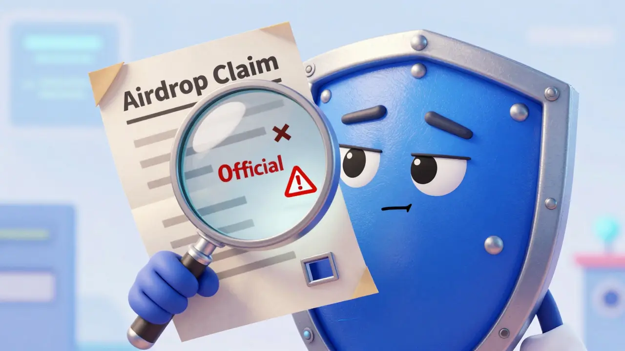Guardian shield inspecting a fake airdrop document for red flags under a magnifying glass.