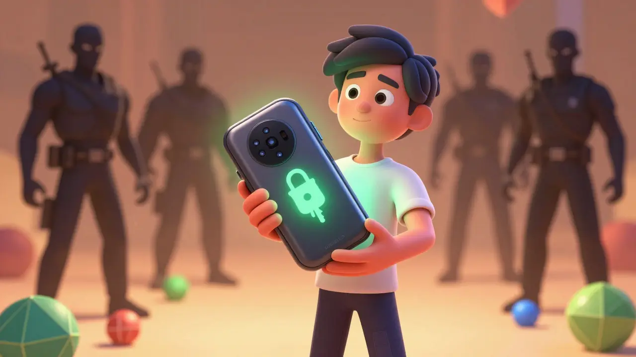 Happy cartoon user holding a secure hardware wallet while threats fade away.