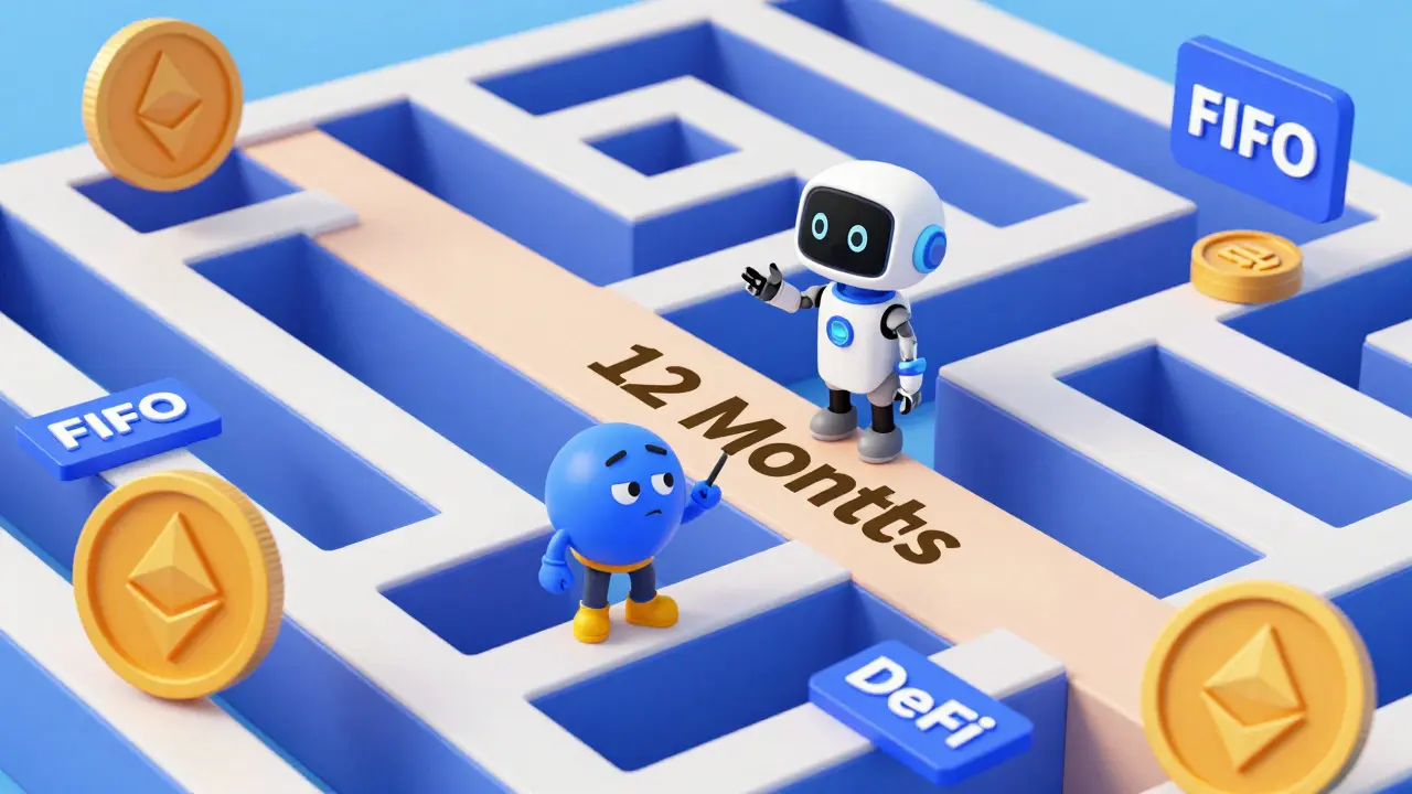 Illustration of a character navigating a maze of crypto tax rules like FIFO and staking with a helpful guide.