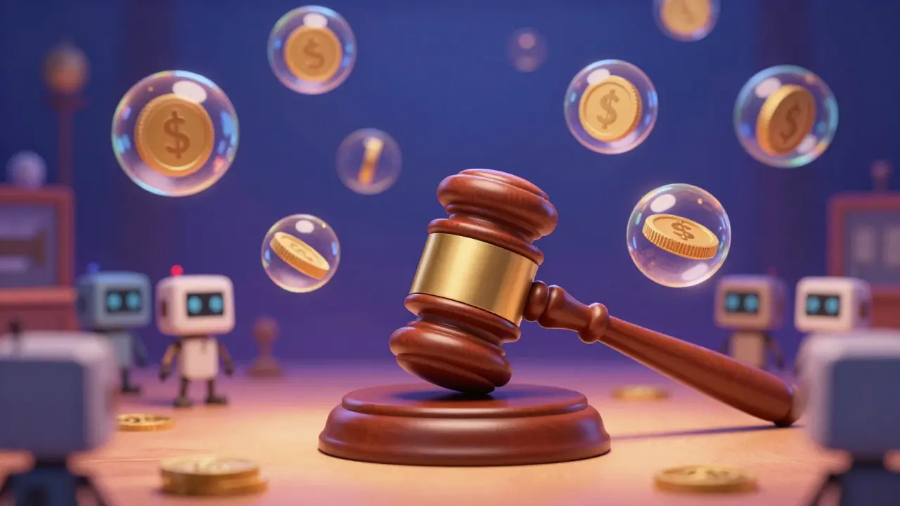 Illustration of a Dutch auction with falling price bubbles and robot observers.