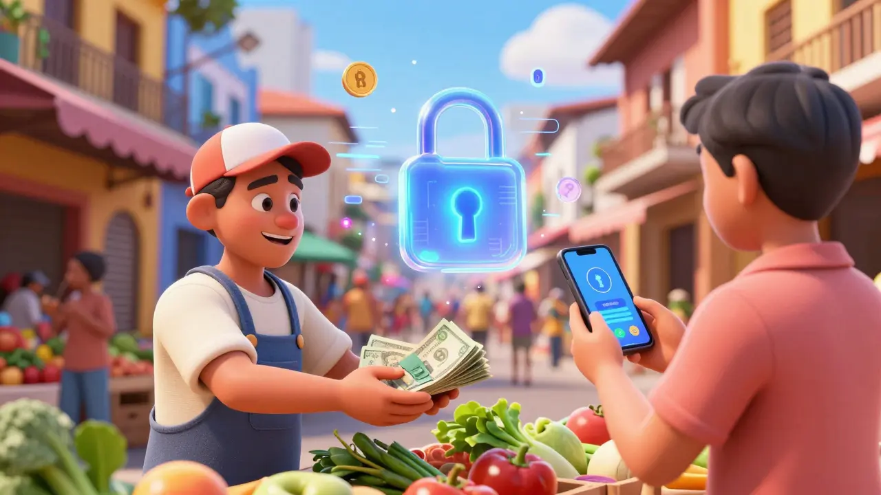 Market vendor and customer exchanging goods via mobile crypto app