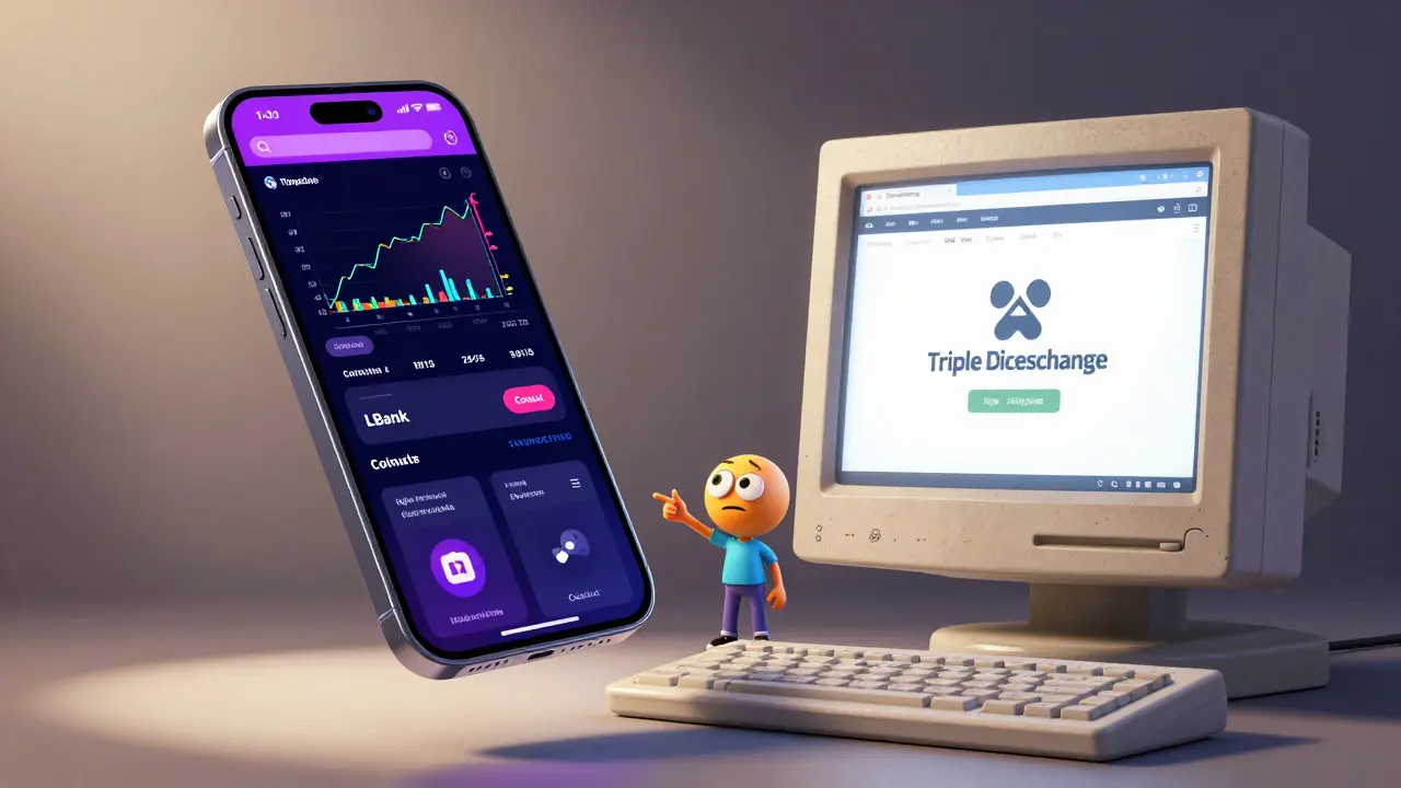 Modern phone app vs old desktop computer showing tech gap.