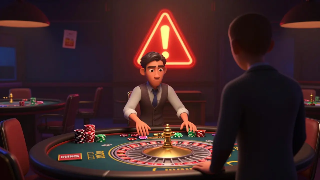 Nervous investor at crypto roulette table with warning signs in Pixar style