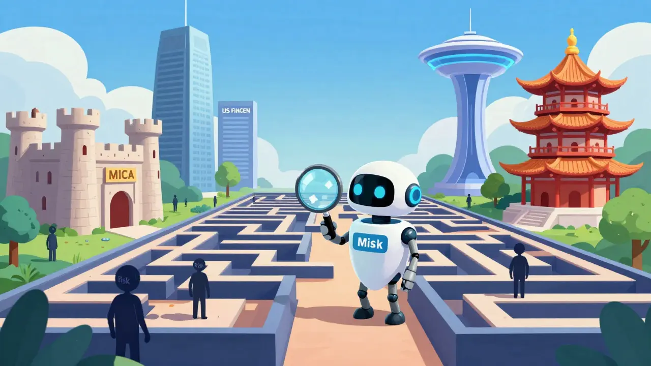 Robot guide helping users navigate a colorful maze of global crypto regulations.