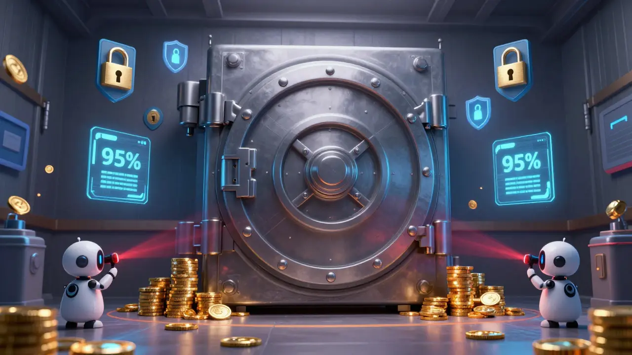 Secure vault with robots monitoring digital assets and cold storage systems.