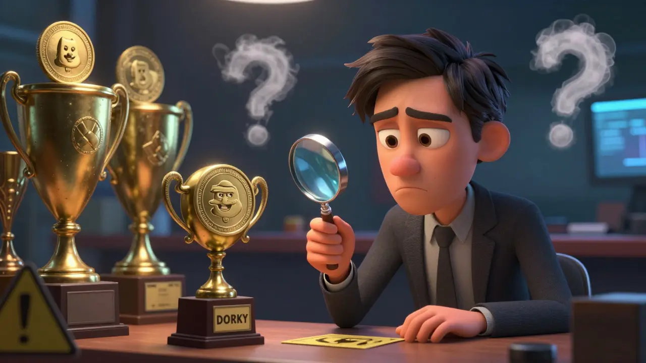 Skeptical investor examining a dusty DORKY trophy under a magnifying glass.