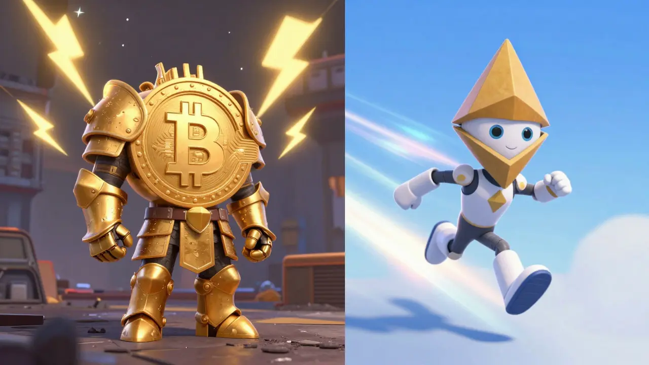 Split scene: Bitcoin knight vs Ethereum speedster comparing blockchain consensus.