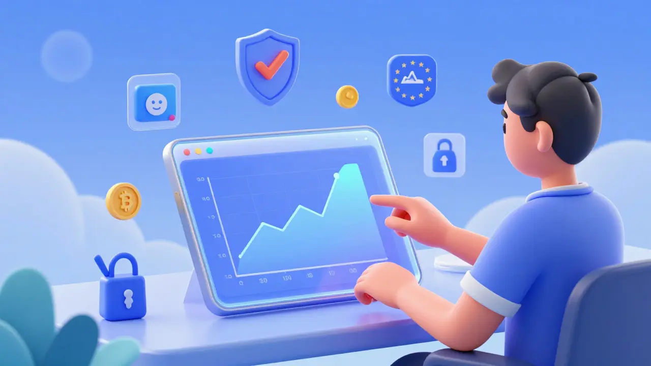 Stylized view of a user securely managing crypto taxes on a digital tablet with floating regulatory icons.
