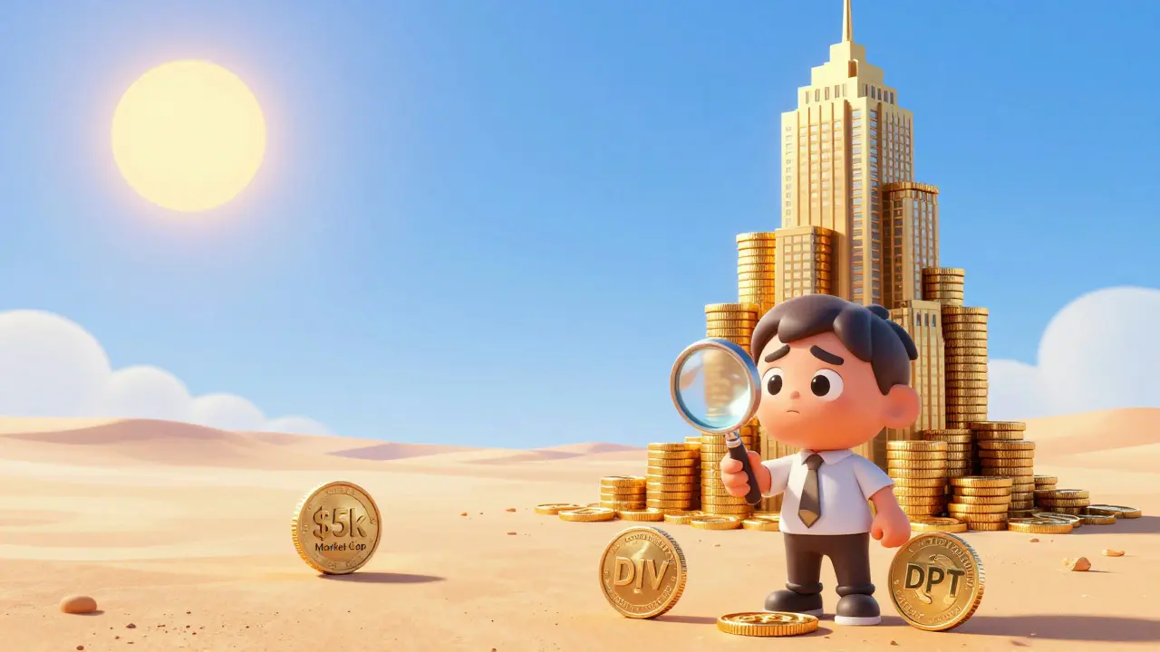 Tiny DIVINER coin vs giant gold tower, confused user checking similar tokens