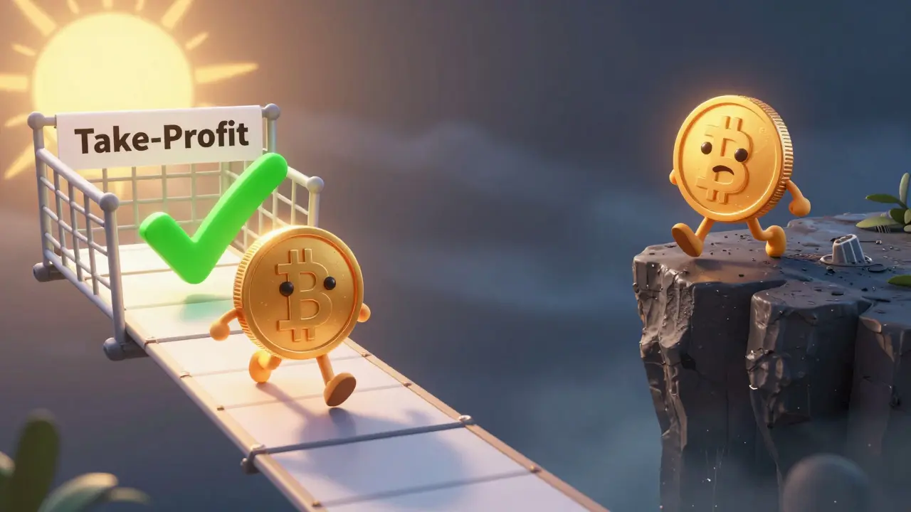 Two paths showing secure profit taking versus risky loss in trading.