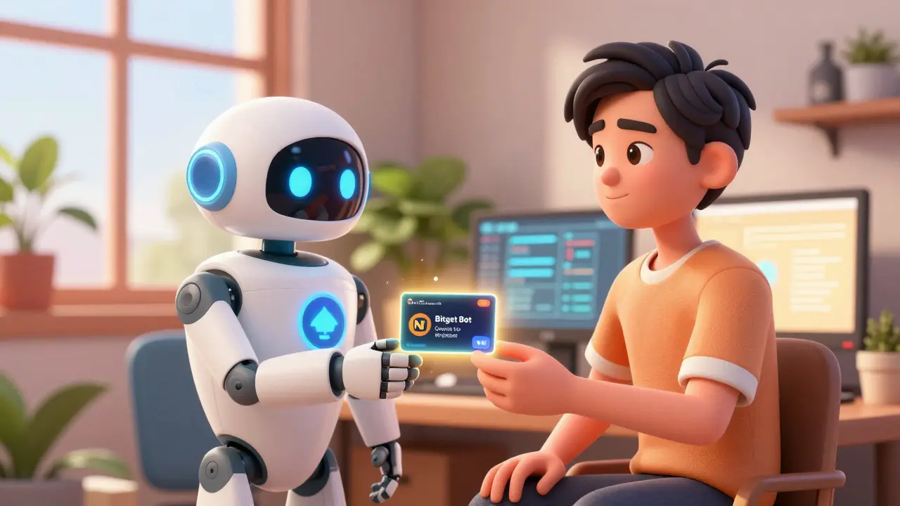 User receiving digital tokens from a friendly robot assistant safely.
