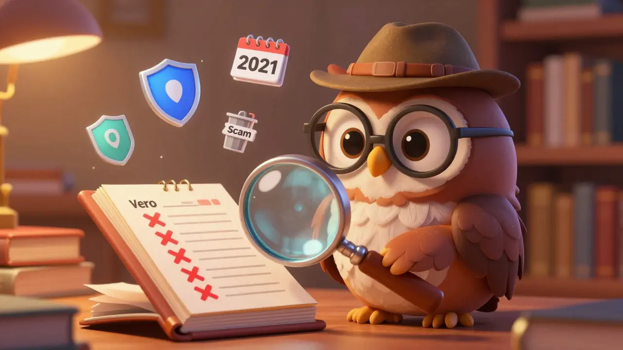 Wise owl detective inspecting a blockchain ledger for scams