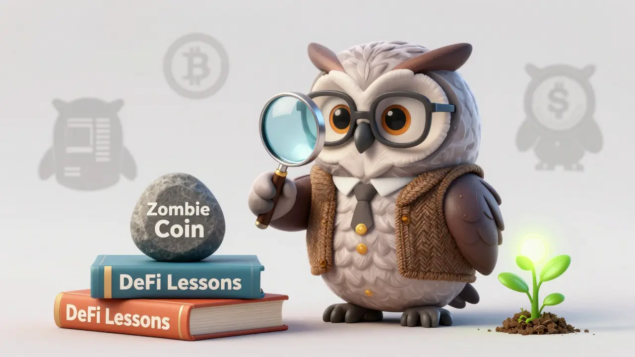 Wise owl inspecting a zombie coin with DeFi lesson books