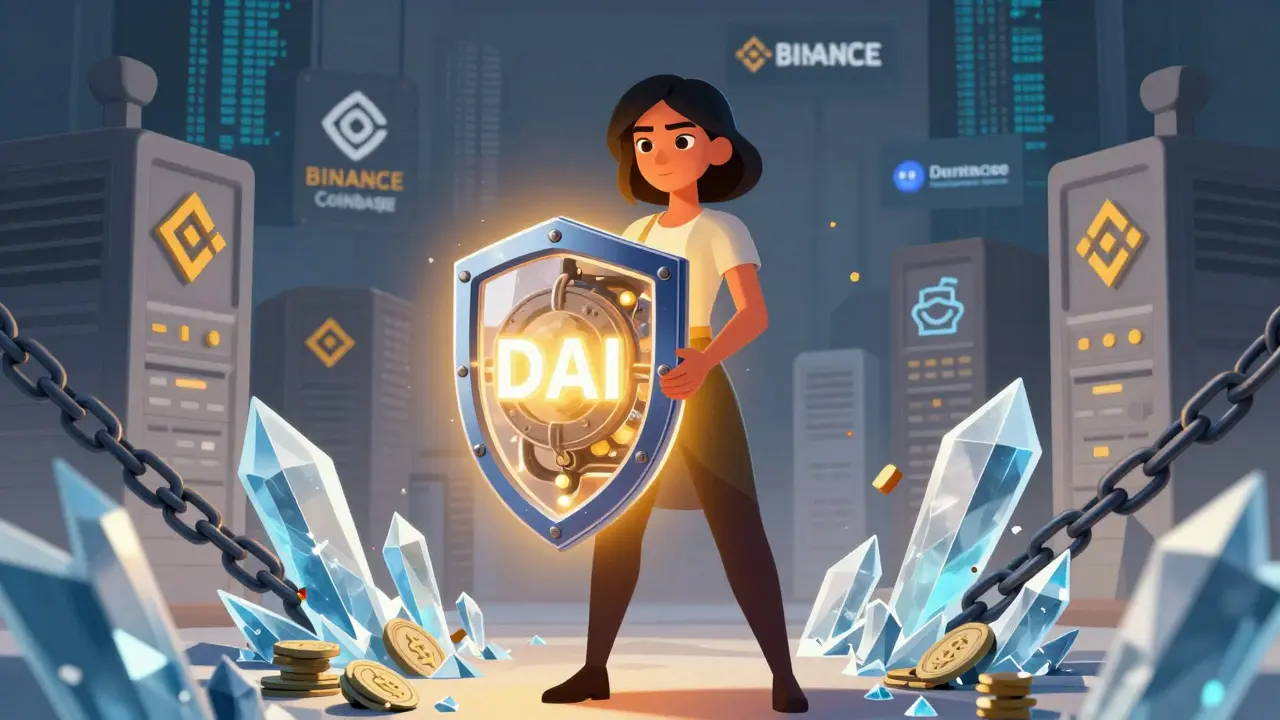 Woman holding glowing DAI vault protected from frozen assets
