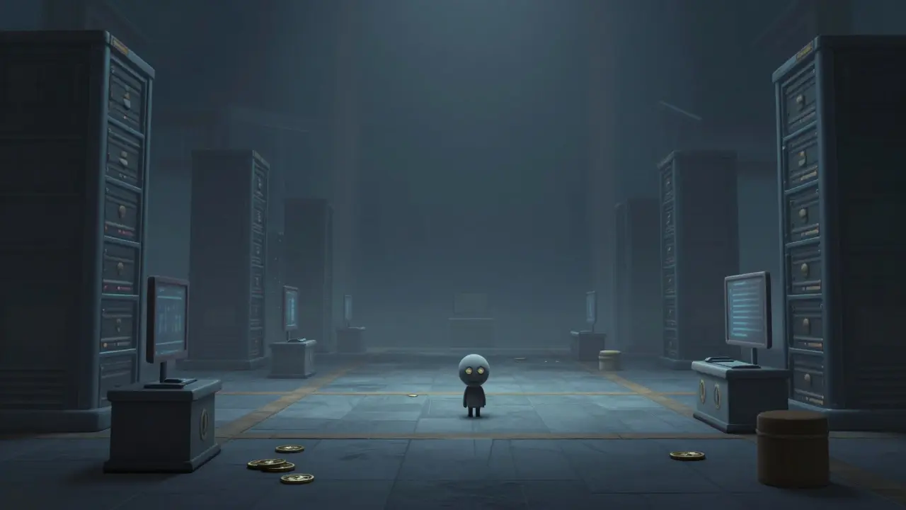 A lonely figure standing in a deserted, dimly lit digital plaza symbolizing low liquidity.