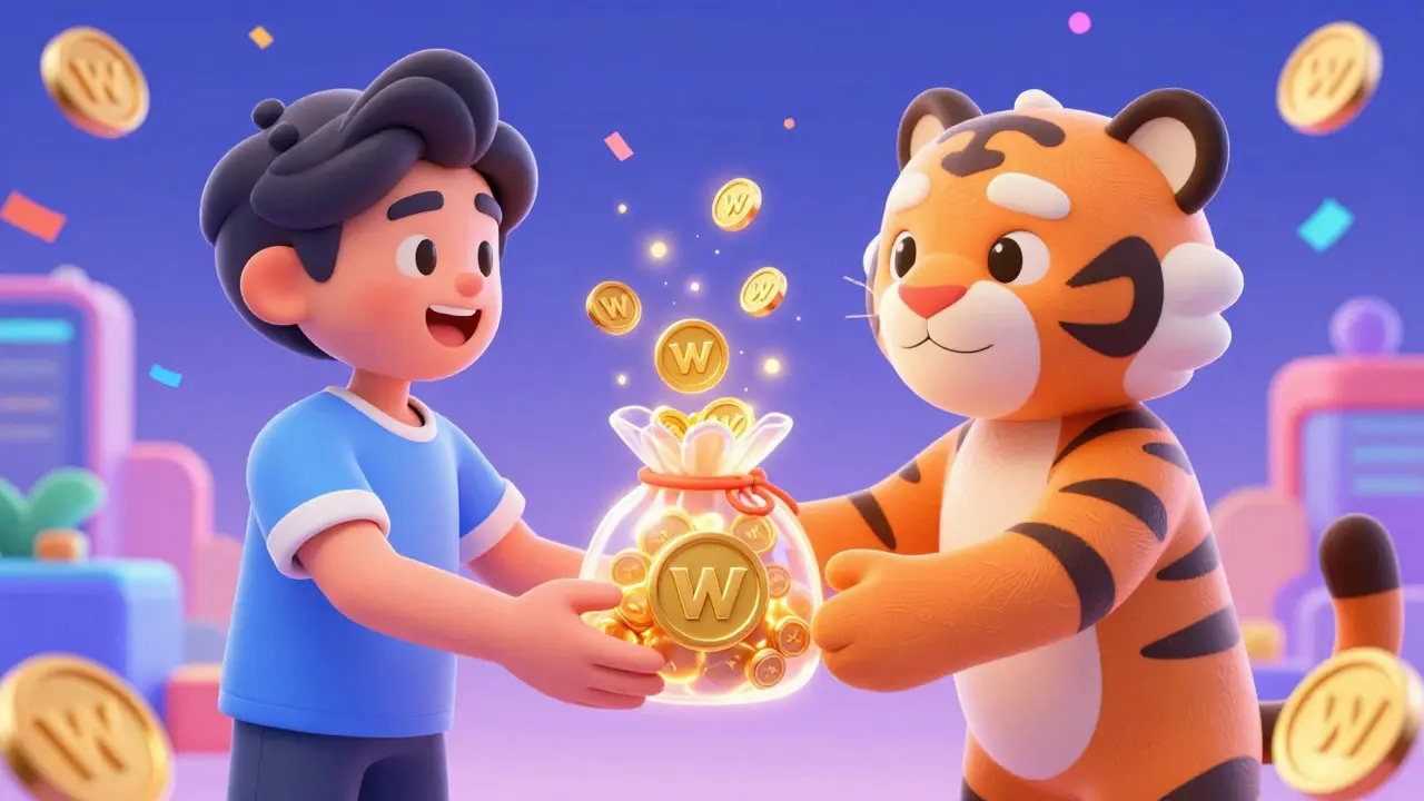 A user happily receiving glowing WON tokens from a digital tiger mascot.