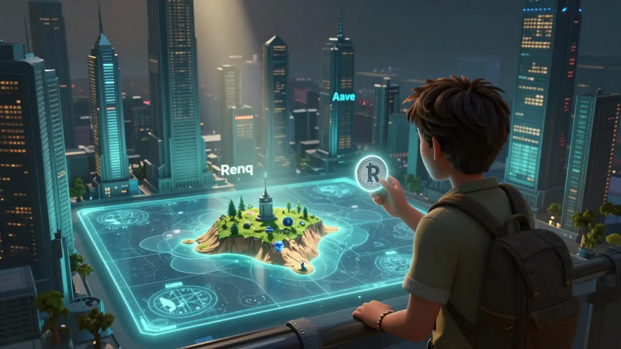Adventurer viewing holographic map of crypto market competition