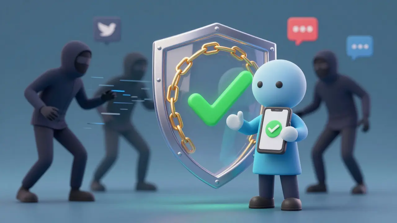 An animated character protected by a blockchain shield from scammer figures.