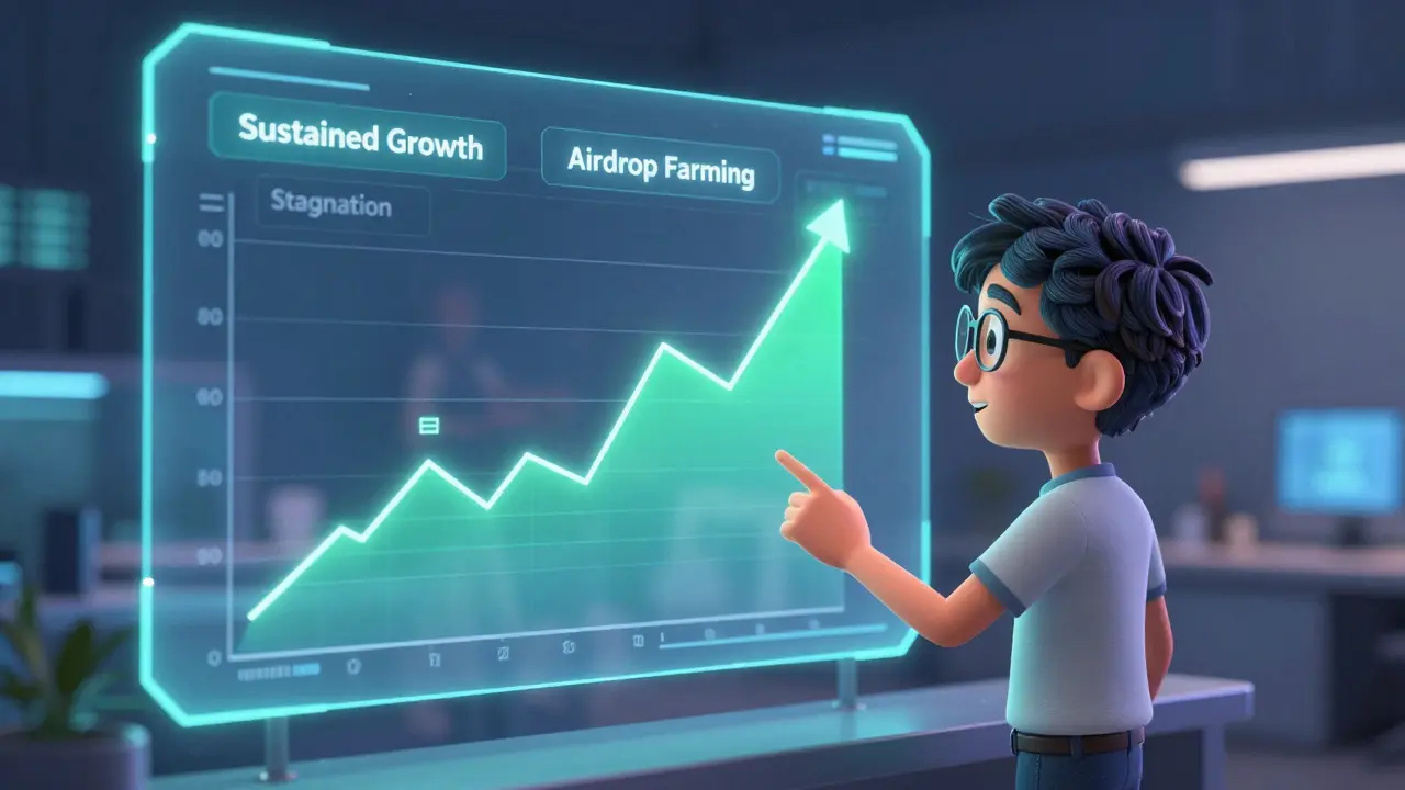 Analyst reviewing blockchain health metrics like growth and stagnation on a holographic display.