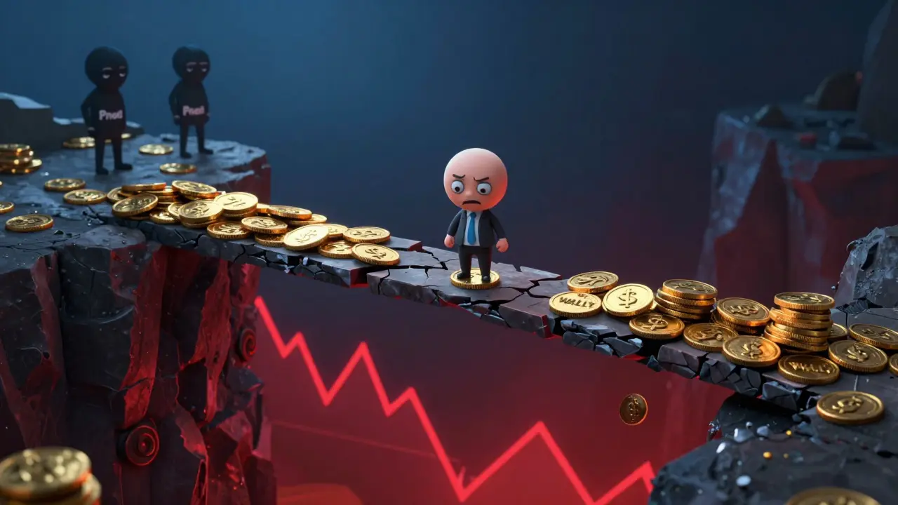 Anxious cartoon investor standing on a breaking coin bridge over a red market crash abyss.