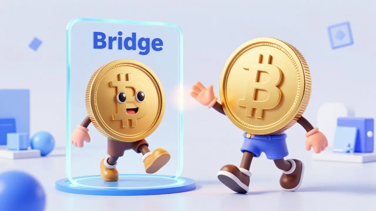 Bitcoin transforming into wrapped token through a glowing bridge portal