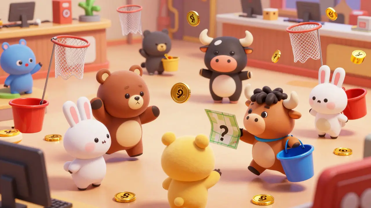 Cartoon animals frantically catching falling crypto tokens in a chaotic, colorful trading scene.