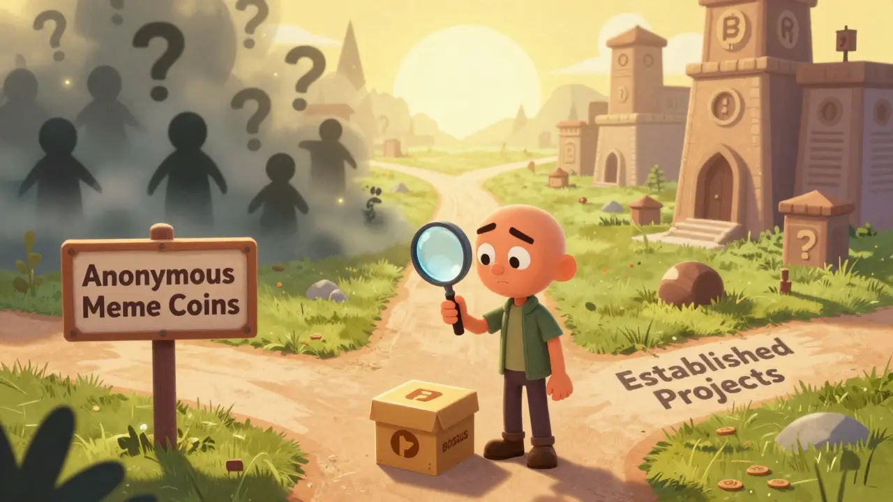 Character inspecting a mysterious box at a risky crypto crossroads