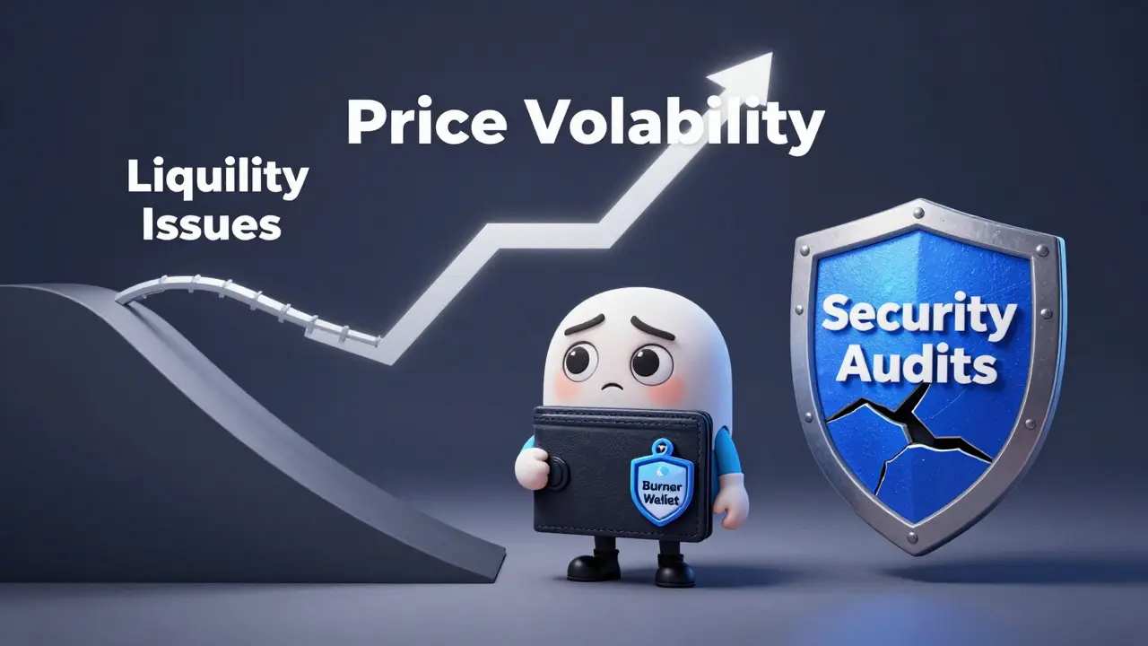 Character representation of NORA token risks including liquidity, volatility, and security concerns.