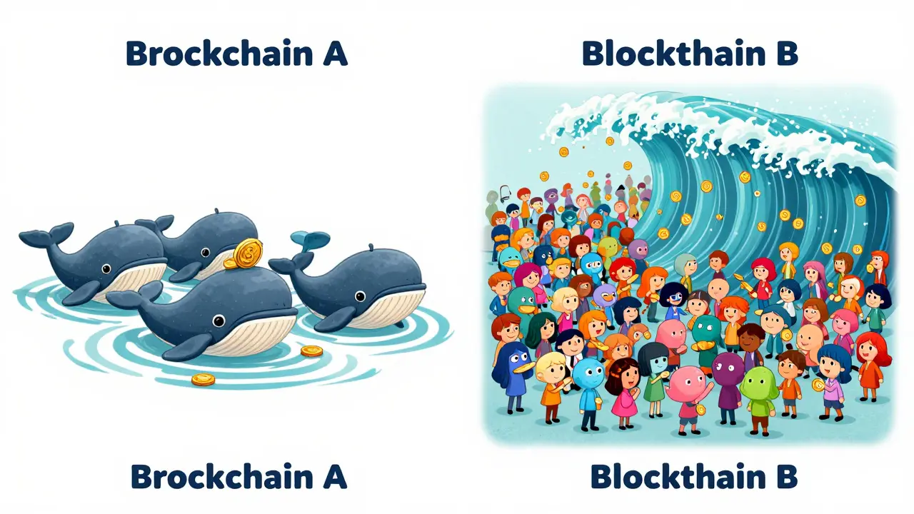 Comparison of low adoption vs broad organic usage using cartoon whales and crowds.