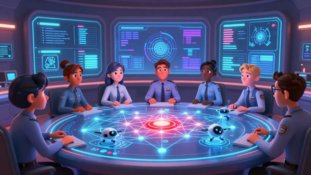 Compliance team analyzing risk network on holographic dashboard