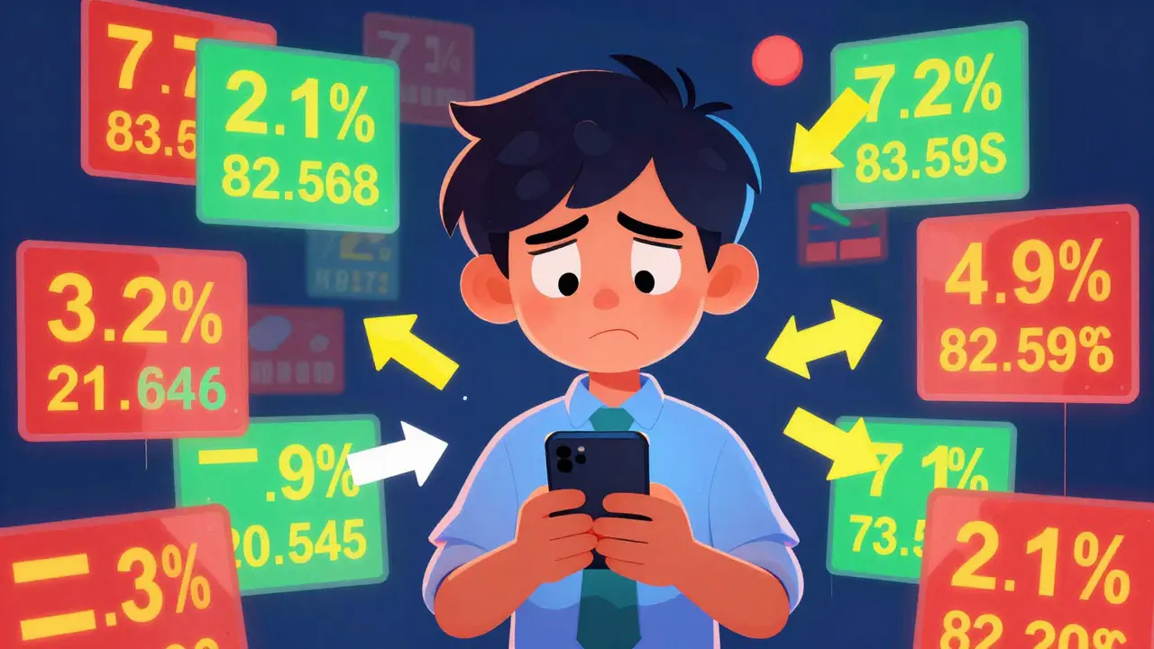 Confused cartoon investor surrounded by conflicting price holograms in Pixar animation style.