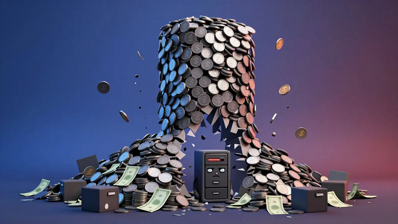 Crumbling tower of coins representing token collapse