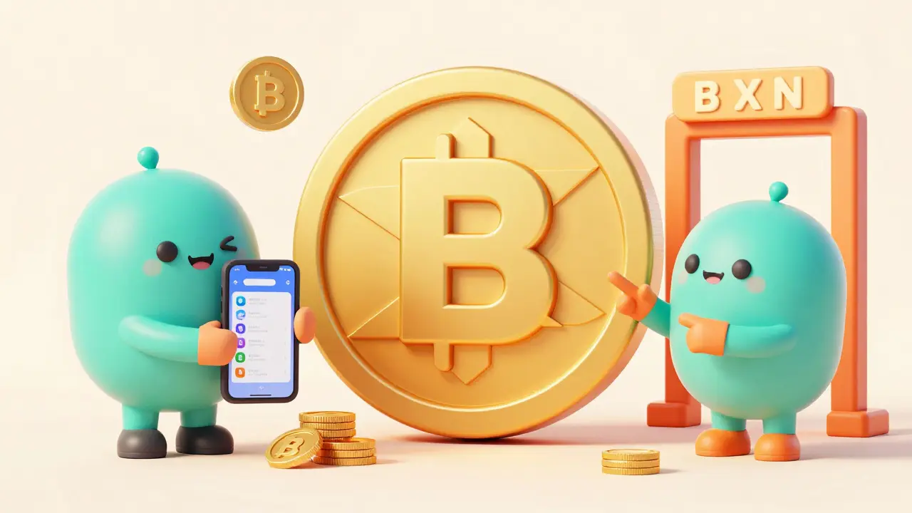 Cute characters interacting with a golden coin and wallet interface showing token utility.
