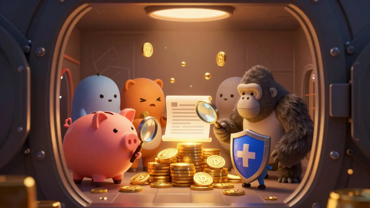 Cute crypto characters staking tokens in a warm, secure digital vault environment.