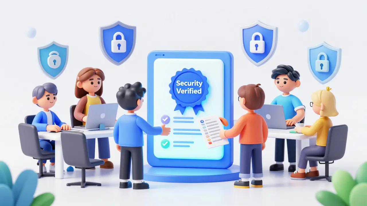 Developers and auditors collaborating with a security verified badge.
