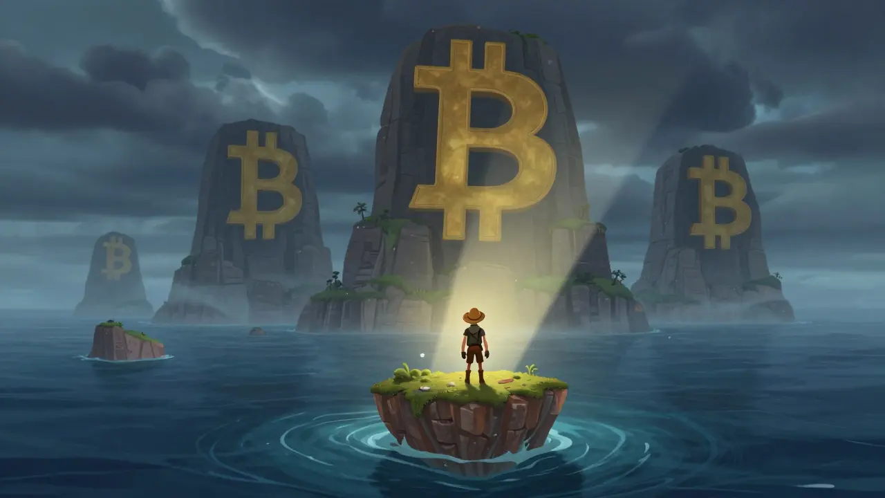 Explorer on a small island in a vast ocean, symbolizing high-risk crypto market dynamics.
