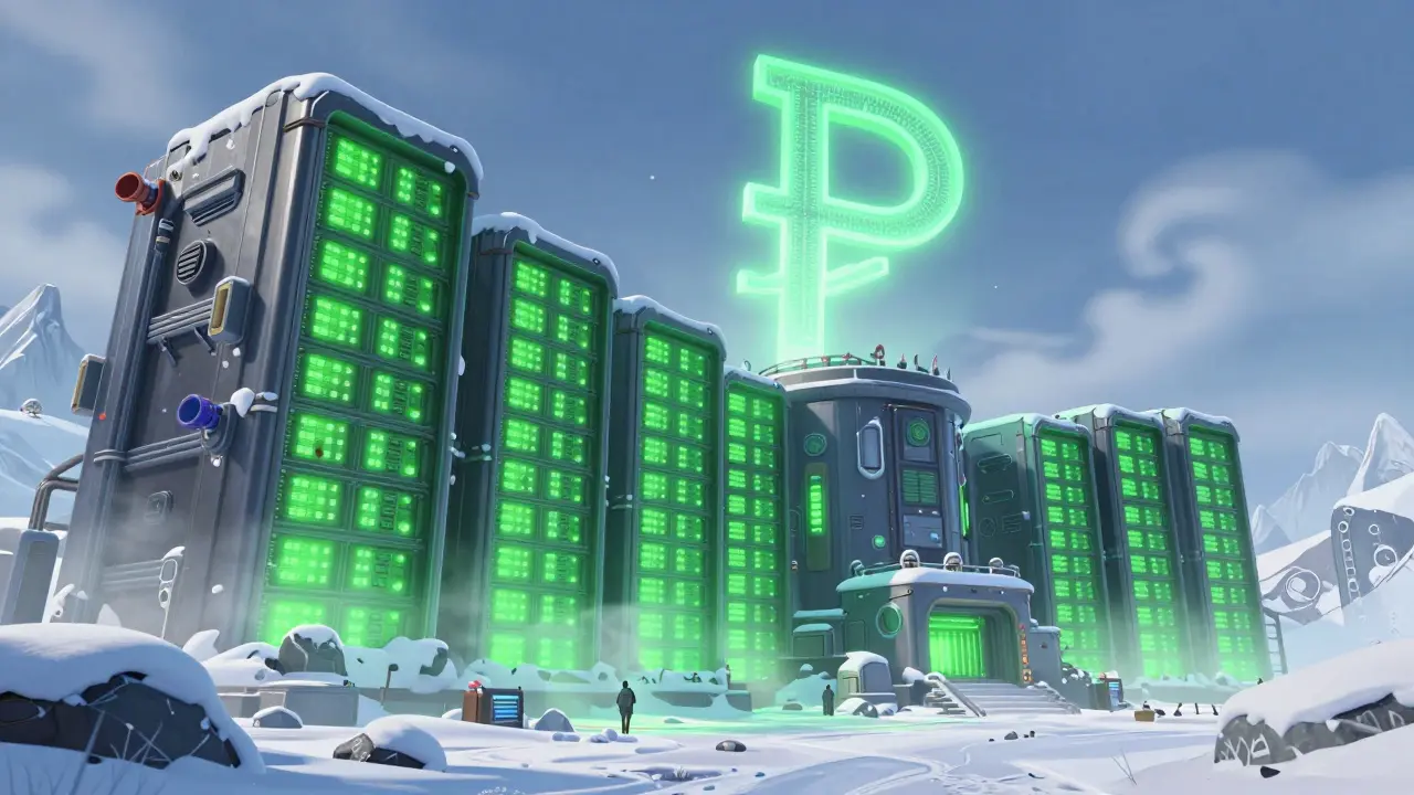 Futuristic crypto mining farm in snowy Siberia with Digital Ruble