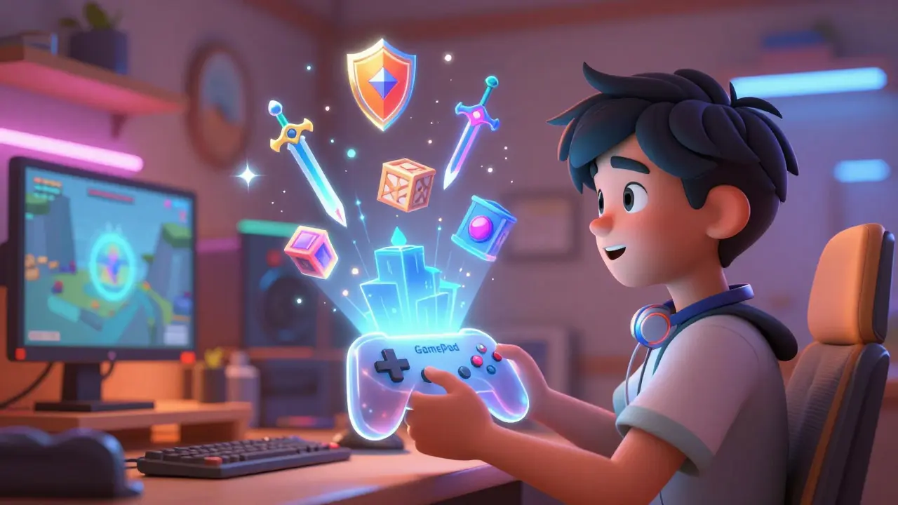 Gamer holding a holographic gamepad displaying floating NFT items
