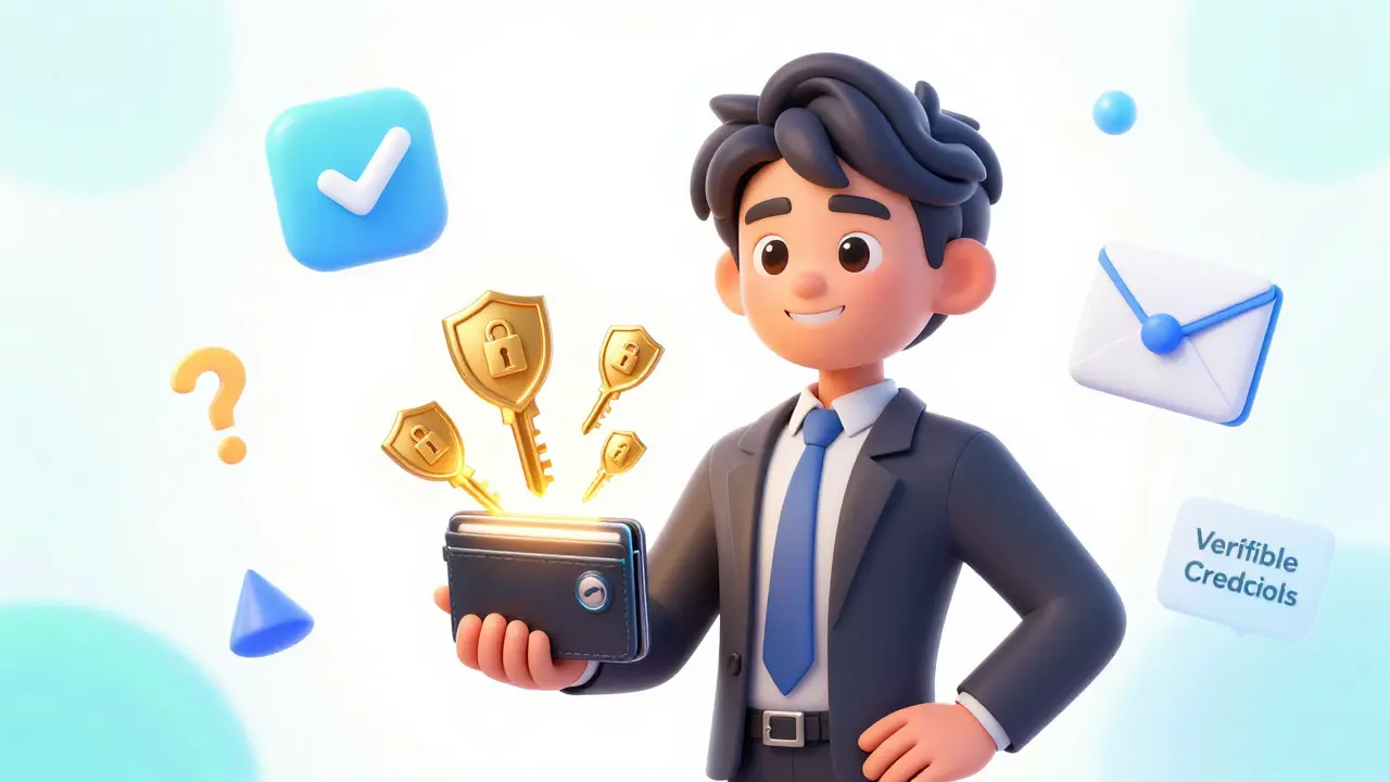 Happy person holding a glowing digital wallet with security shields and crypto keys.