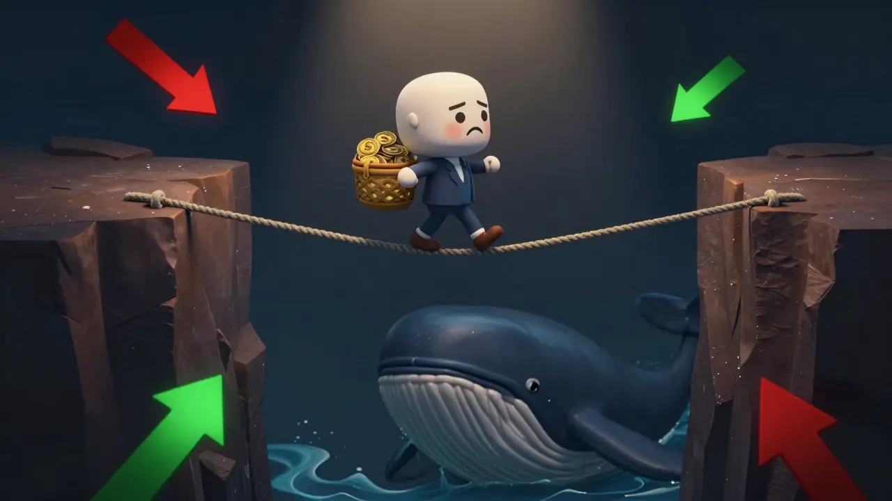 Investor walking tightrope over volatile crypto market abyss