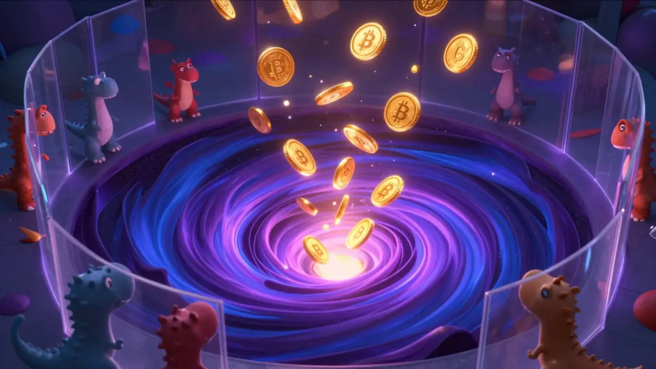 Magical black hole consuming golden crypto tokens in a cartoon style