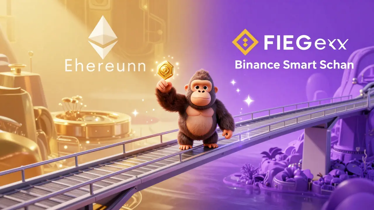 Magical bridge connecting Ethereum and BSC networks with a gorilla holding a token.