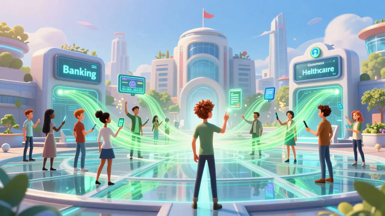 People seamlessly connecting to banking and health apps via fast, secure data streams.