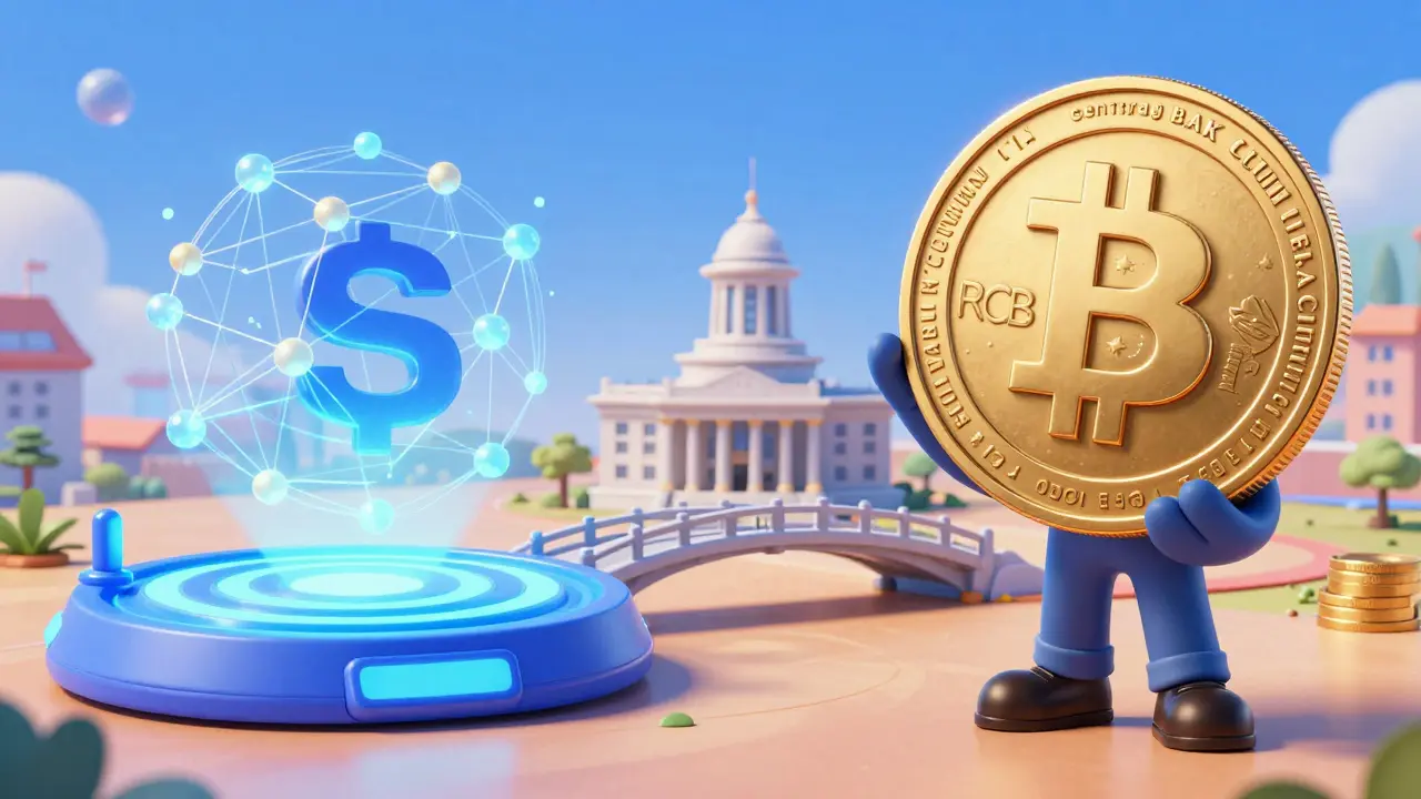 Pixar-style concept art showing a bridge between private crypto and state digital currency.
