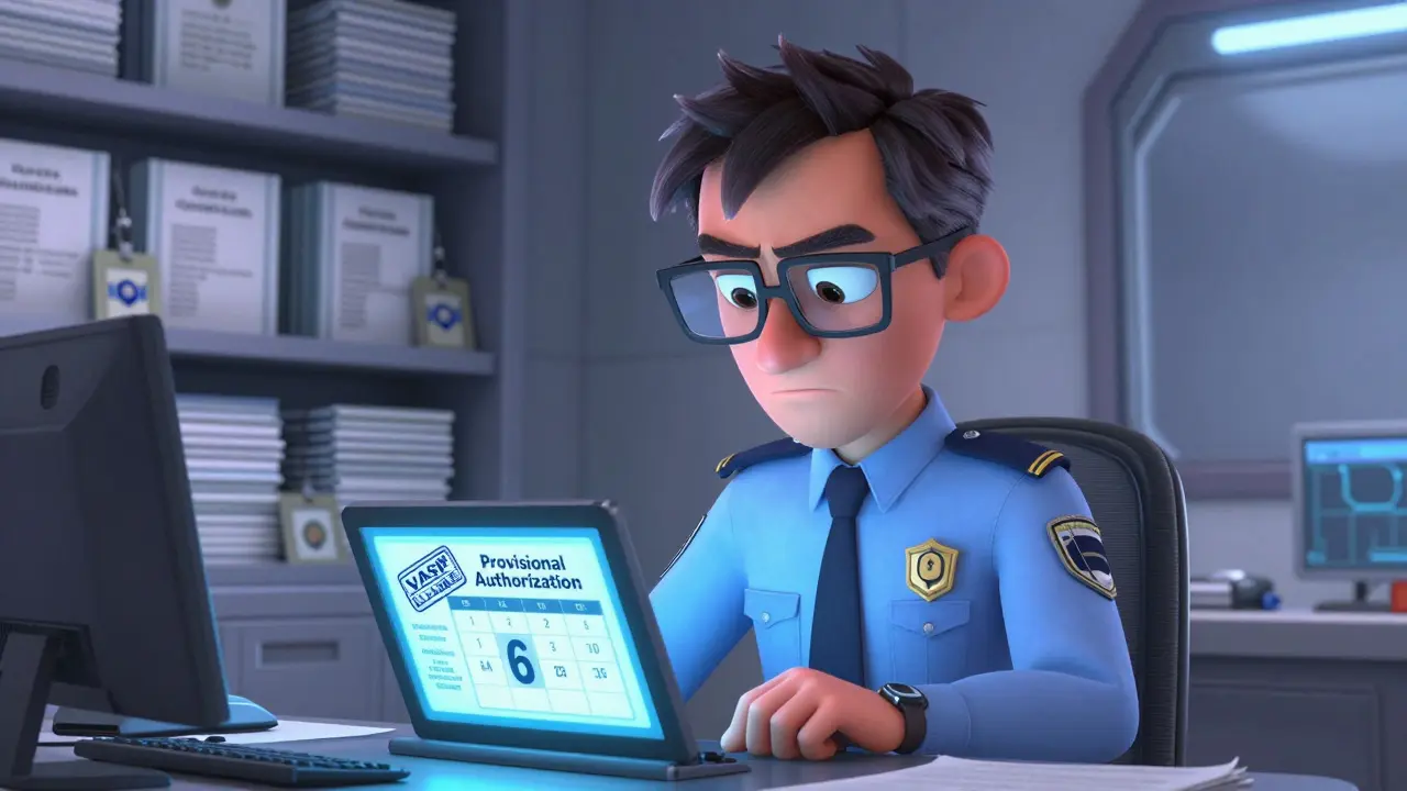 Pixar-style inspector reviewing a provisional license and compliance documents.
